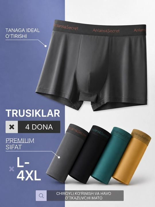 Erkaklar trusiklari, bokserlar, to‘plam, tabiiy materialdan, to'plamda 4 dona