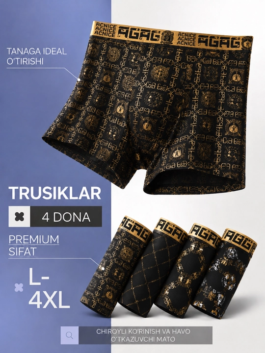 Erkaklar trusiklari, bokserlar, to‘plam, tabiiy materialdan, to'plamda 4 dona