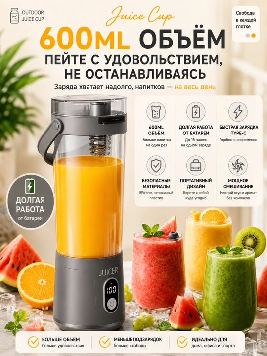 Portativ BLENDER BS-B02 600 ml, simsiz USB, 50W mini sharbat siqqich