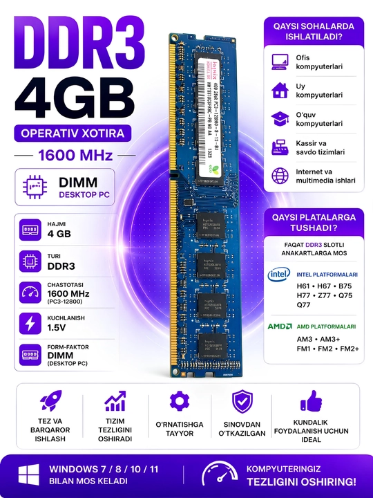 Operativ xotira Kingston DDR3 4GB, stol kompyuteri uchun
