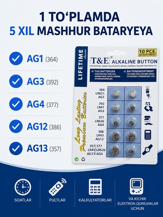Universal tugmacha batareyalar AG1–AG13 CR2032 10/18/24 dona to‘plamda