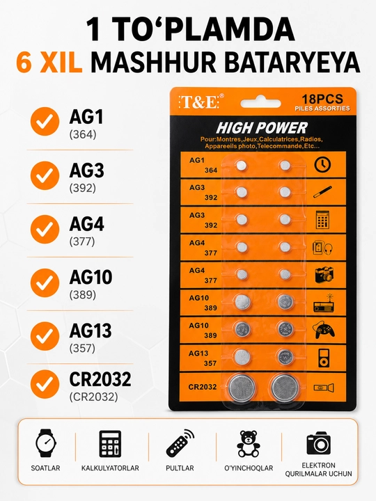 Universal tugmacha batareyalar AG1–AG13 CR2032 10/18/24 dona to‘plamda
