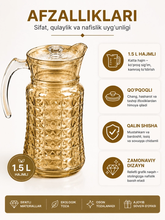 Shisha grafin 1.5L suv uchun, oshxona, sovg‘a, bahor yoz, ichimliklar