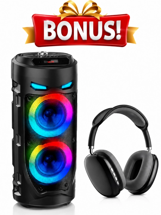 Большая беспроводная колонка Bluetooth, караоке, с RGB подсветкой, с микрофоном и пультом - 