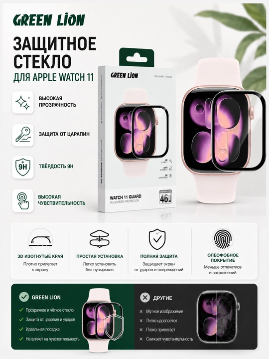 Apple Watch 10/11 uchun Ekran himoyasi. Green Lion 3D Anti Scratch Guard, 42mm 46mm - 