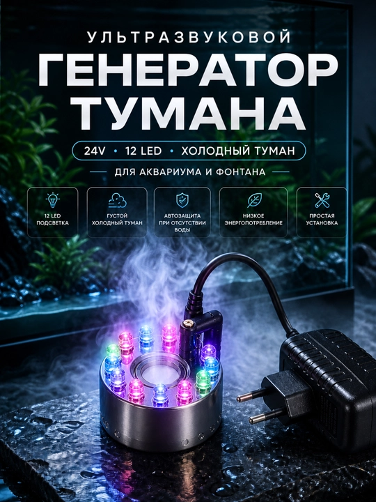 Ультразвуковой генератор тумана  с 12 LED подсветкой для аквариума, фонтана и инкубатора