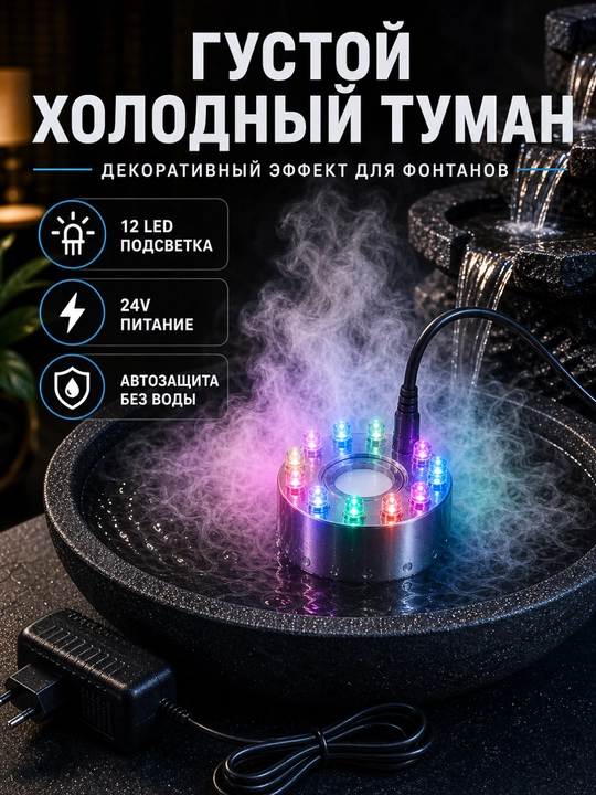 Ультразвуковой генератор тумана  с 12 LED подсветкой для аквариума, фонтана и инкубатора