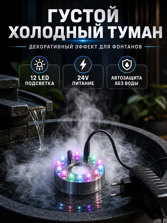 Ультразвуковой генератор тумана  с 12 LED подсветкой для аквариума, фонтана и инкубатора
