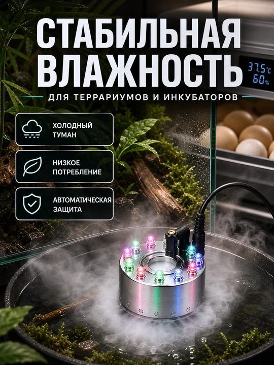Ультразвуковой генератор тумана  с 12 LED подсветкой для аквариума, фонтана и инкубатора