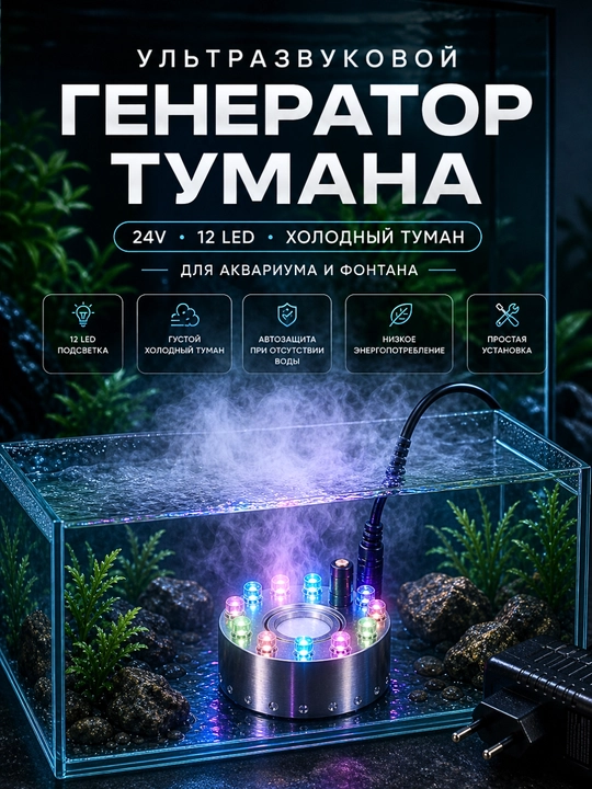 Ультразвуковой генератор тумана  с 12 LED подсветкой для аквариума, фонтана и инкубатора