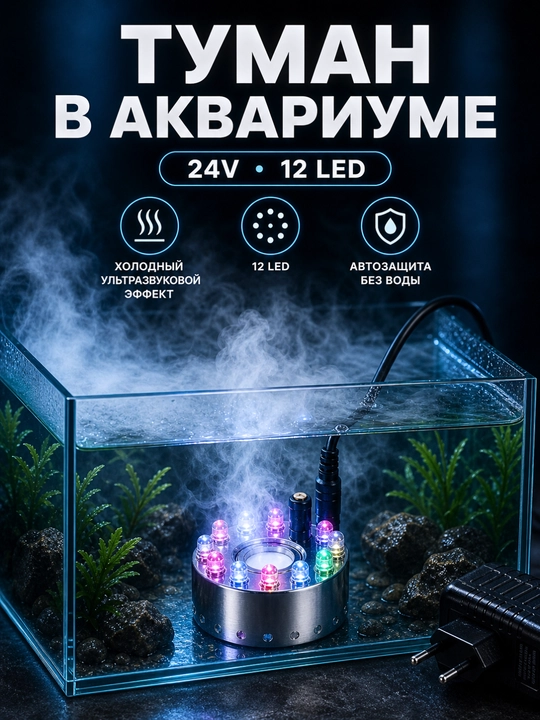 Ультразвуковой генератор тумана  с 12 LED подсветкой для аквариума, фонтана и инкубатора