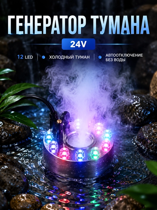 Ультразвуковой генератор тумана  с 12 LED подсветкой для аквариума, фонтана и инкубатора - 