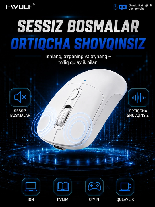 Geymerlar uchun simsiz T-Wolf X9, Q3 o‘yin sichqonchasi, shovqinsiz, o‘ta yengil, 2400 DPI