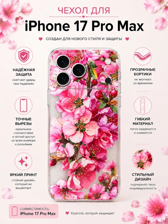 Прозрачный силиконовый чехол с цветами сакуры для iPhone 17 Pro Max - 