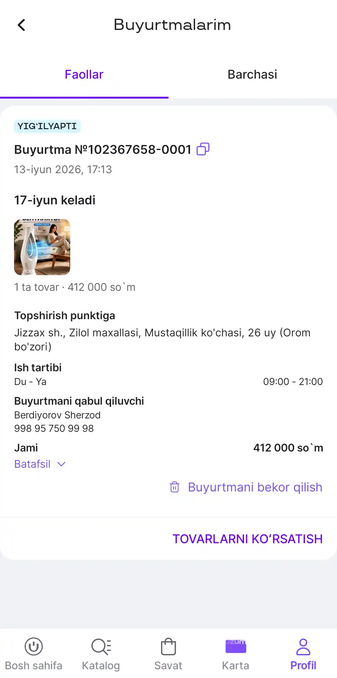 Mini konditsioner ventilyator, namlantiruvchi sovutgich, LED yoritgichli