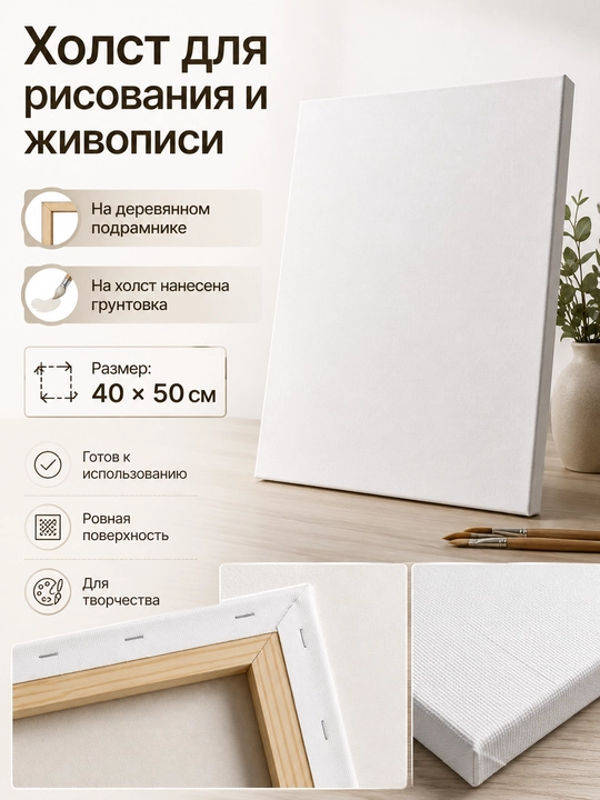Холст на деревянном подрамнике, грунтованный, хлопок 100%, готов к использованию - 