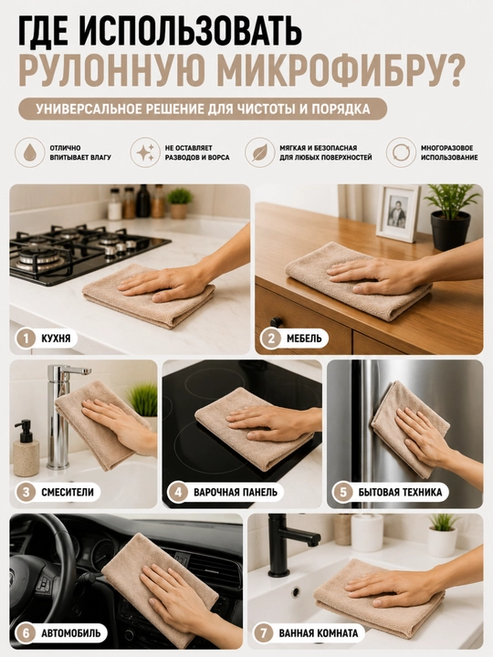 Салфетка из микрофибры в рулоне для уборки, многоразовая