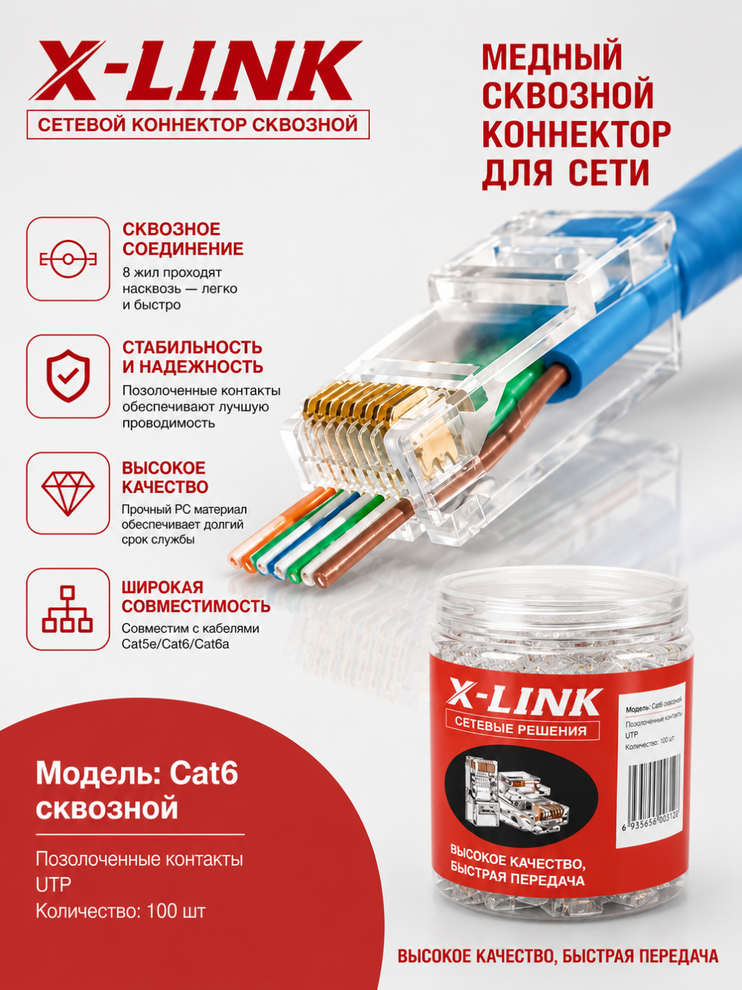 Сквозной коннектор RJ45 для витой пары CAT6, в банке 100 штук, RJ-45 CAT 6, коннектор RJ45 - 