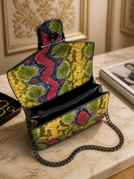 Gucci uslubidagi ayollar kross-bodi sumkasi, dekorativ to‘g‘nog‘ichli, piton naqshli