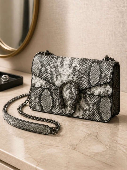 Gucci uslubidagi ayollar kross-bodi sumkasi, dekorativ to‘g‘nog‘ichli, piton naqshli