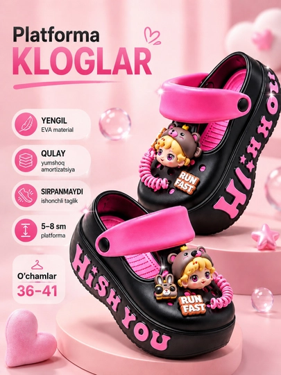 Ayollar uchun platforma krokslar (kloglar) EVA — yengil, qulay, sirpanmaydigan, 36-41