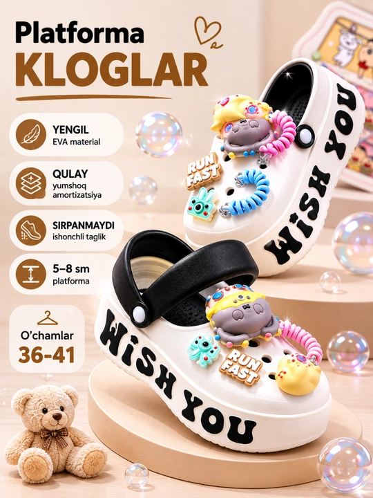 Ayollar uchun platforma krokslar (kloglar) EVA — yengil, qulay, sirpanmaydigan, 36-41