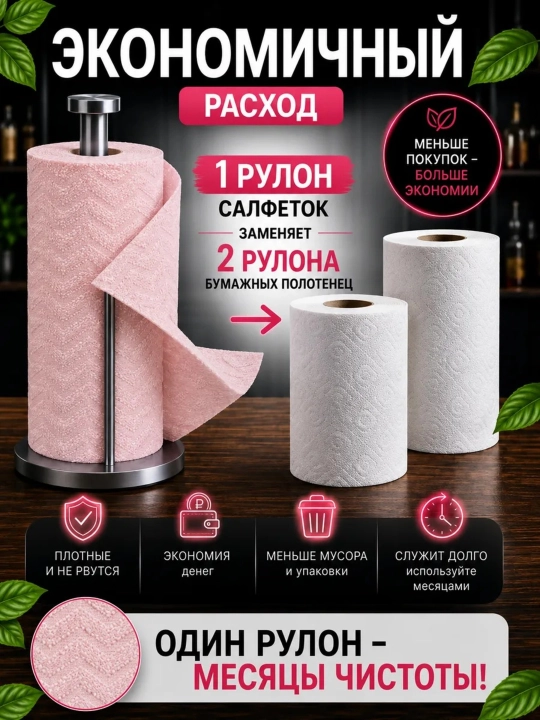 Салфетки из микрофибры в рулоне 20 шт безворсовые, многоразовые тряпки для дома и кухни