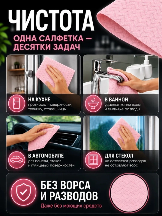 Салфетки из микрофибры в рулоне 20 шт безворсовые, многоразовые тряпки для дома и кухни