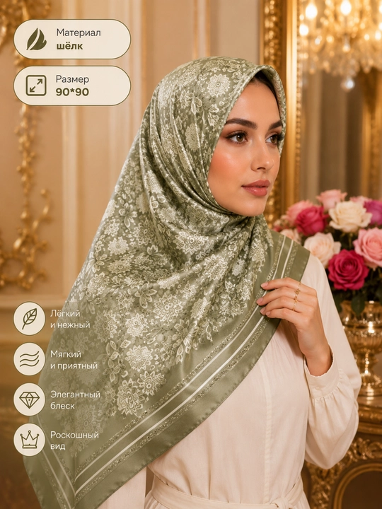 Yozgi ro‘mollar, 90*90 o‘lchamli atlas mato, sharf, sovg‘a sifatida soch uchun rezinka - 
