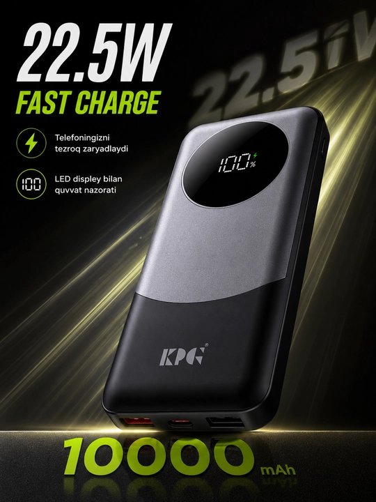 KPG Power Bank 10000mAh 22.5W Fast Charge с кабелями Type-C и Lightning, LED дисплей - 