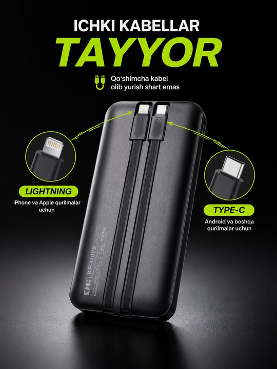 KPG Power Bank 10000mAh 22.5W Fast Charge с кабелями Type-C и Lightning, LED дисплей