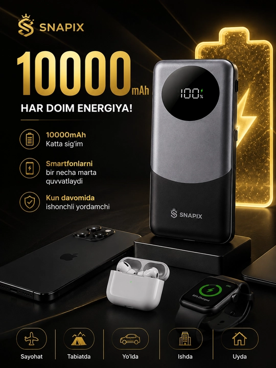 KPG Power Bank 10000mAh 22.5W Fast Charge с кабелями Type-C и Lightning, LED дисплей