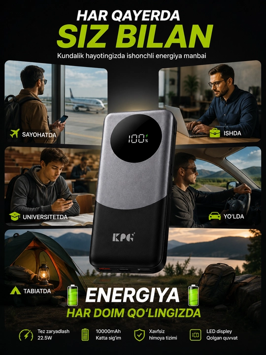 KPG Power Bank 10000mAh 22.5W Fast Charge с кабелями Type-C и Lightning, LED дисплей