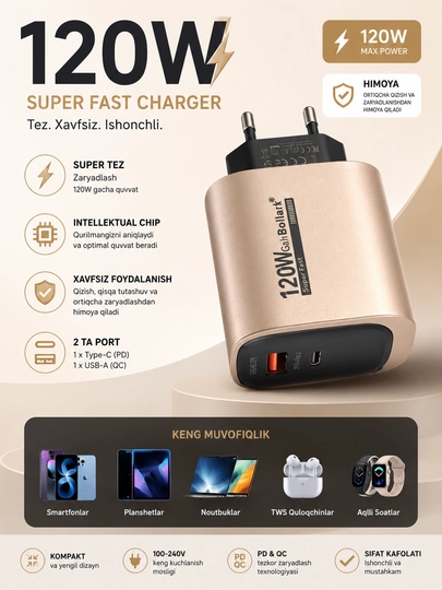 Зарядное устройство 120W Super Fast Charger PD/QC USB + Type-C - 