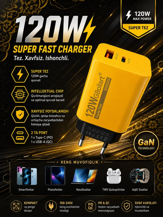 120W Super Fast Charger PD/QC Tezkor Zaryadlovchi Adapter USB + Type-C - 