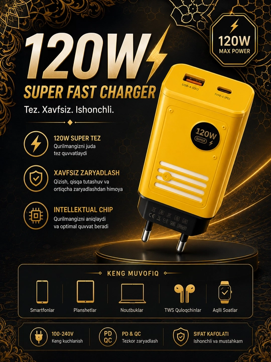 Зарядное устройство 120W Super Fast Charger PD/QC USB + Type-C - 