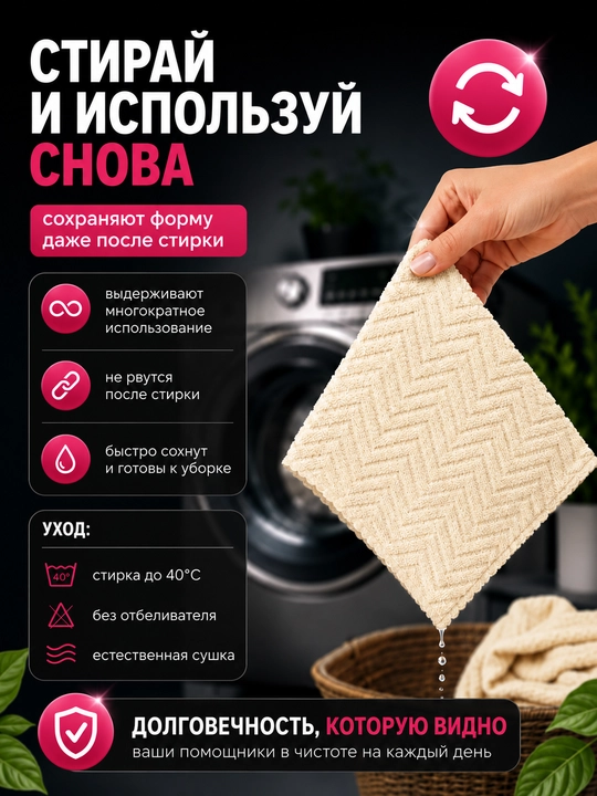 Салфетки из микрофибры в рулоне 20 шт безворсовые, многоразовые тряпки для дома и кухни