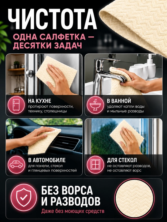 Салфетки из микрофибры в рулоне 20 шт безворсовые, многоразовые тряпки для дома и кухни