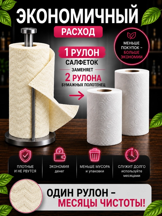 Салфетки из микрофибры в рулоне 20 шт безворсовые, многоразовые тряпки для дома и кухни
