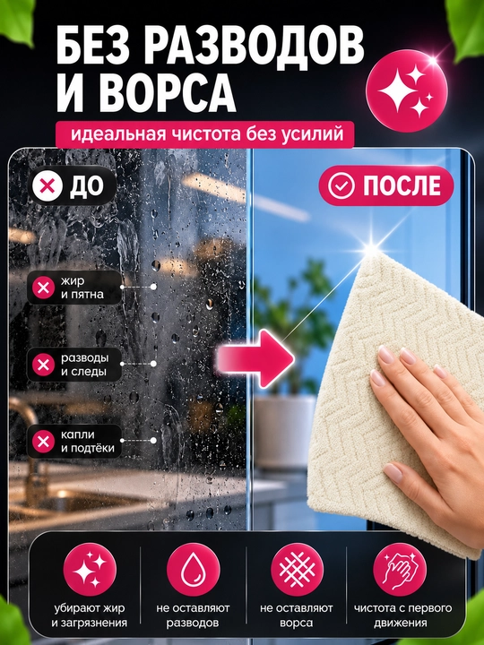 Салфетки из микрофибры в рулоне 20 шт безворсовые, многоразовые тряпки для дома и кухни
