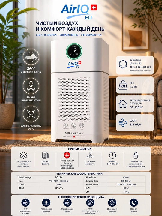 AirIQ PRO havo tozalagichi, namlik va UV-C bilan 3 tasi 1 da 100 m2 gacha IQ Air IQ PM2.5 - 