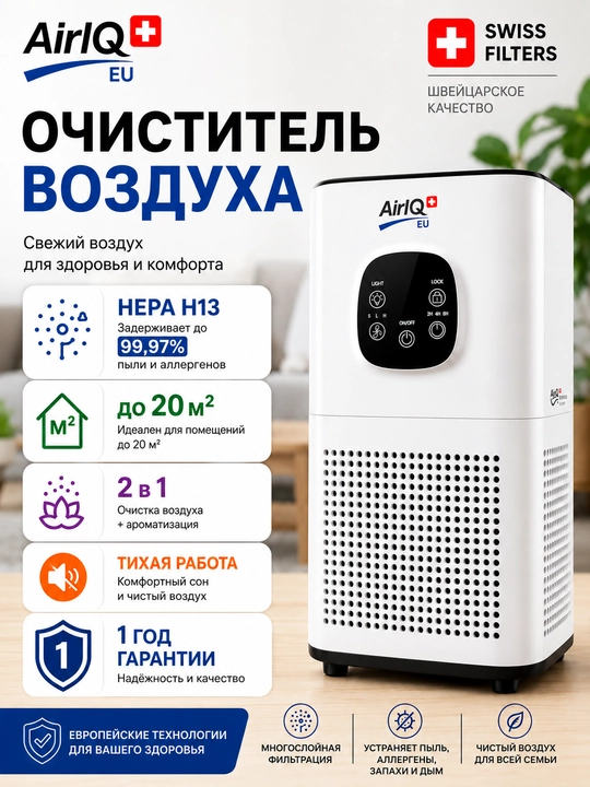 Air IQ Air Mini aqilli havo tozalagich va Shvetsariya filtratsiasi 2 tasi 1 da - 