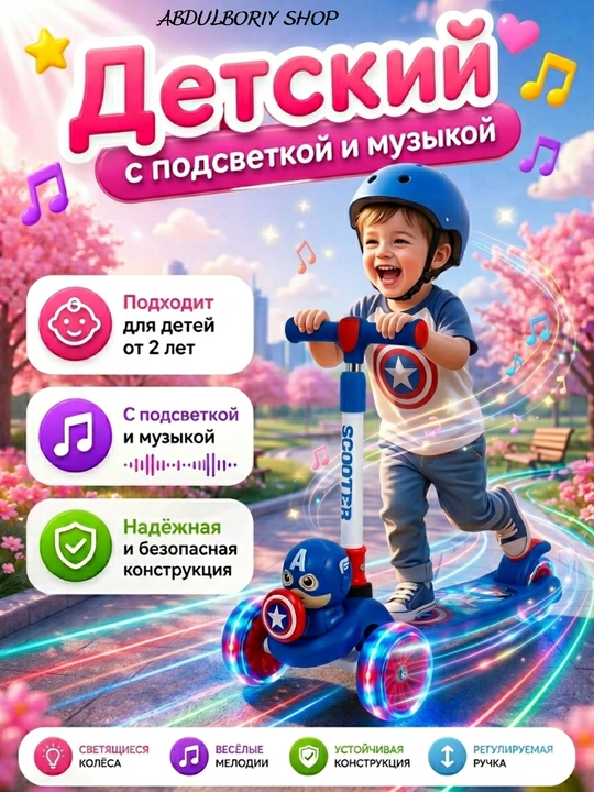 Для вашего ребёнка — самокат 3-в-1 с сиденьем, музыкальными  и светящимися LED-колёсами
