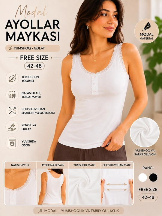 Женская майка из модала с гипюровой отделкой, Free Size - 