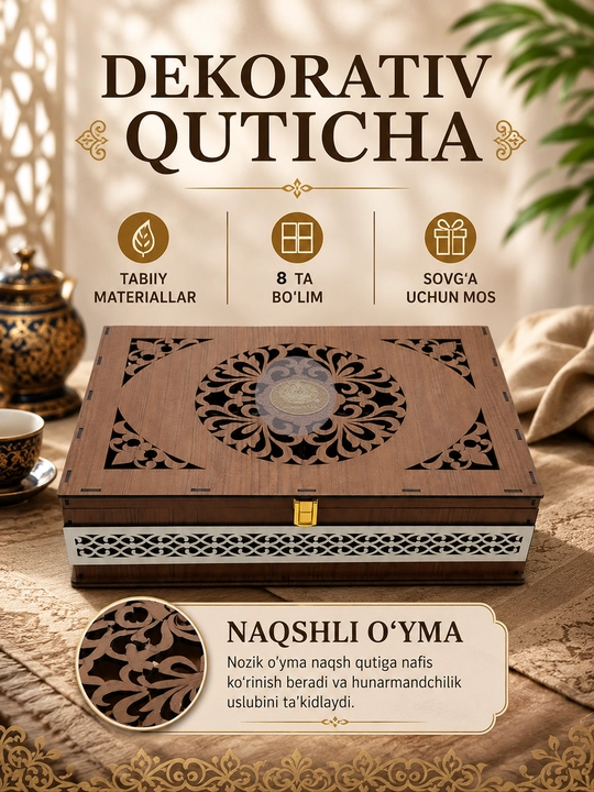 Quticha dekorativ yog‘och 40×28×7 sm, 8 ta bo‘lim, naqshli o‘yma - 