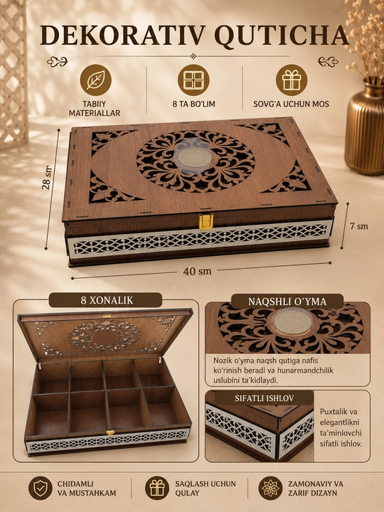 Quticha dekorativ yog‘och 40×28×7 sm, 8 ta bo‘lim, naqshli o‘yma