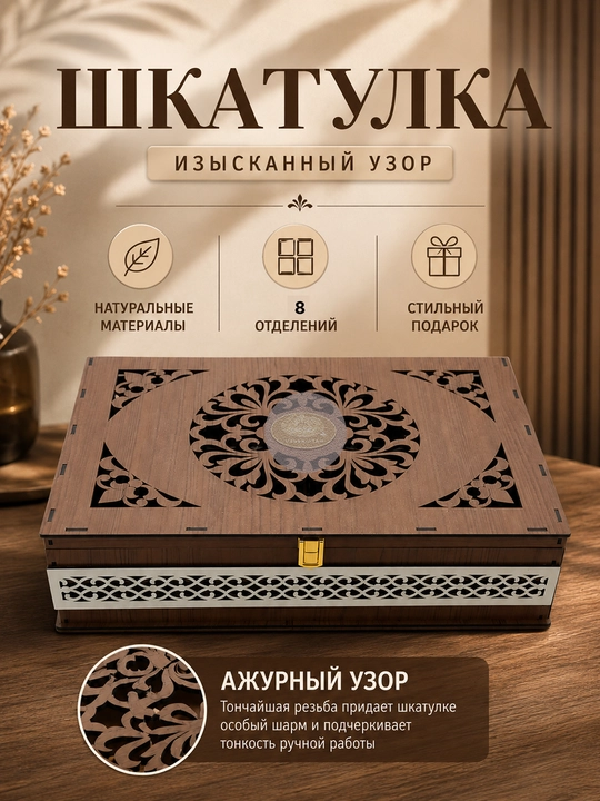 Quticha dekorativ yog‘och 40×28×7 sm, 8 ta bo‘lim, naqshli o‘yma