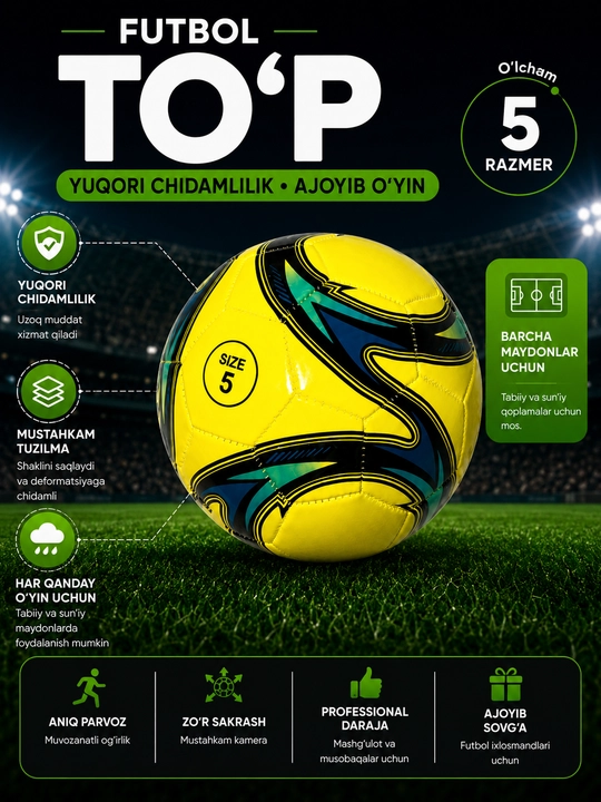 Futbol uchun to'p, o'lcham 5, 32 panelli koptok, lateks kamera