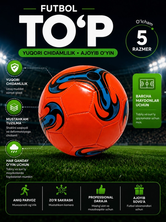 Futbol uchun to'p, o'lcham 5, 32 panelli koptok, lateks kamera - 