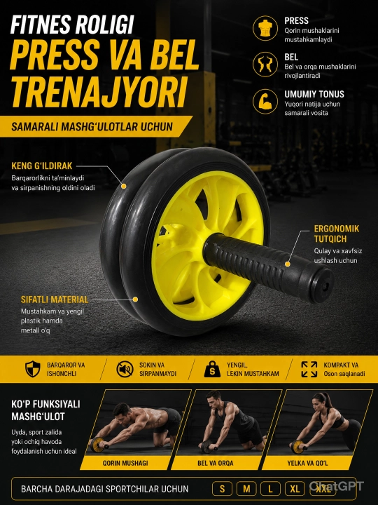 Samarali mashg‘ulotlar uchun fitnes roligi, press va bel trenajyori